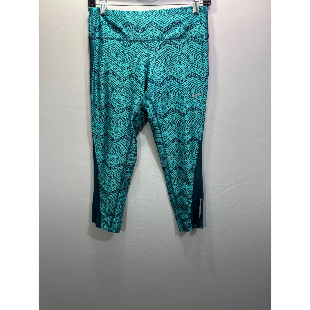 Nike Dri-FIT Running Leggings Womens Medium Teal Black Chevron Crop Tights - Picture 2 of 8